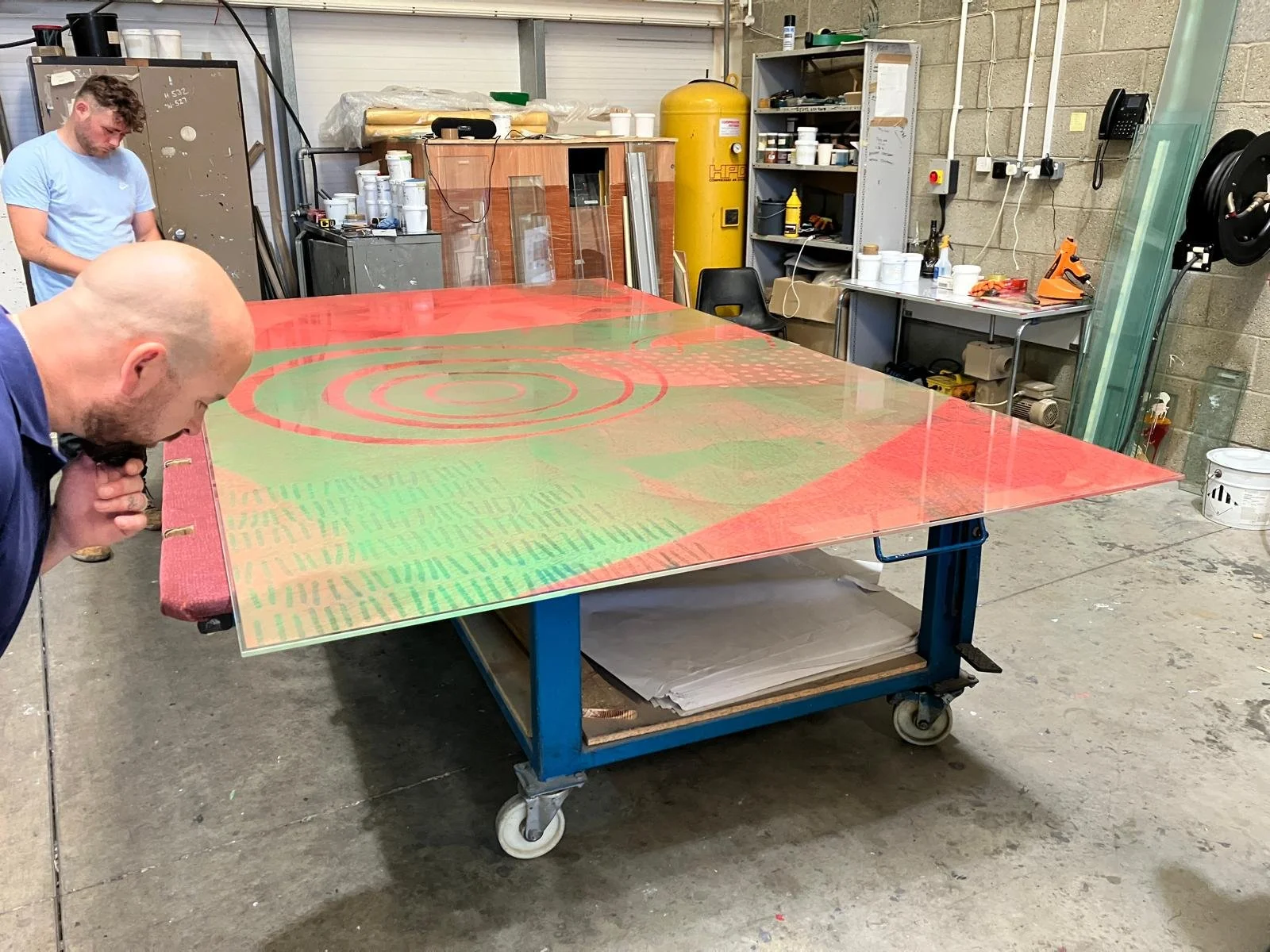 Screenprinted glass panel on bench