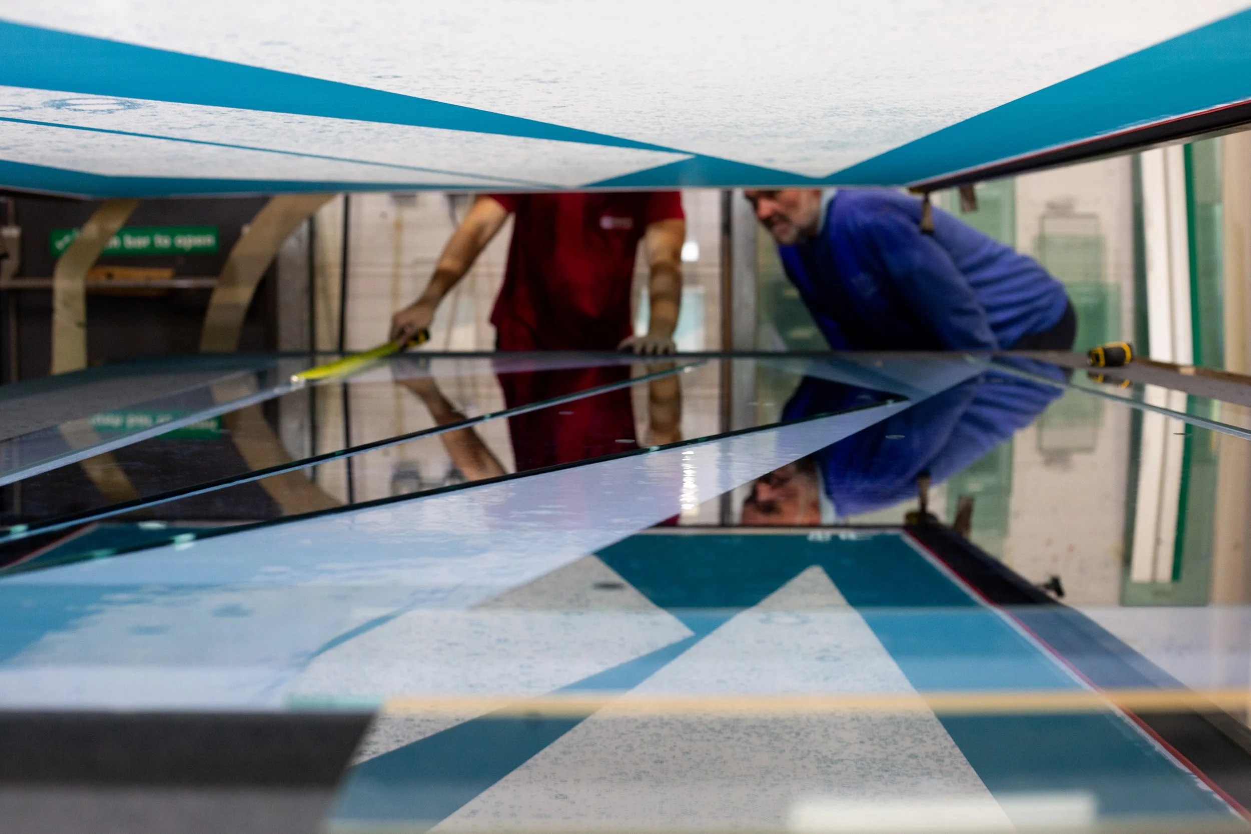 Image looking across screen printed glass panels