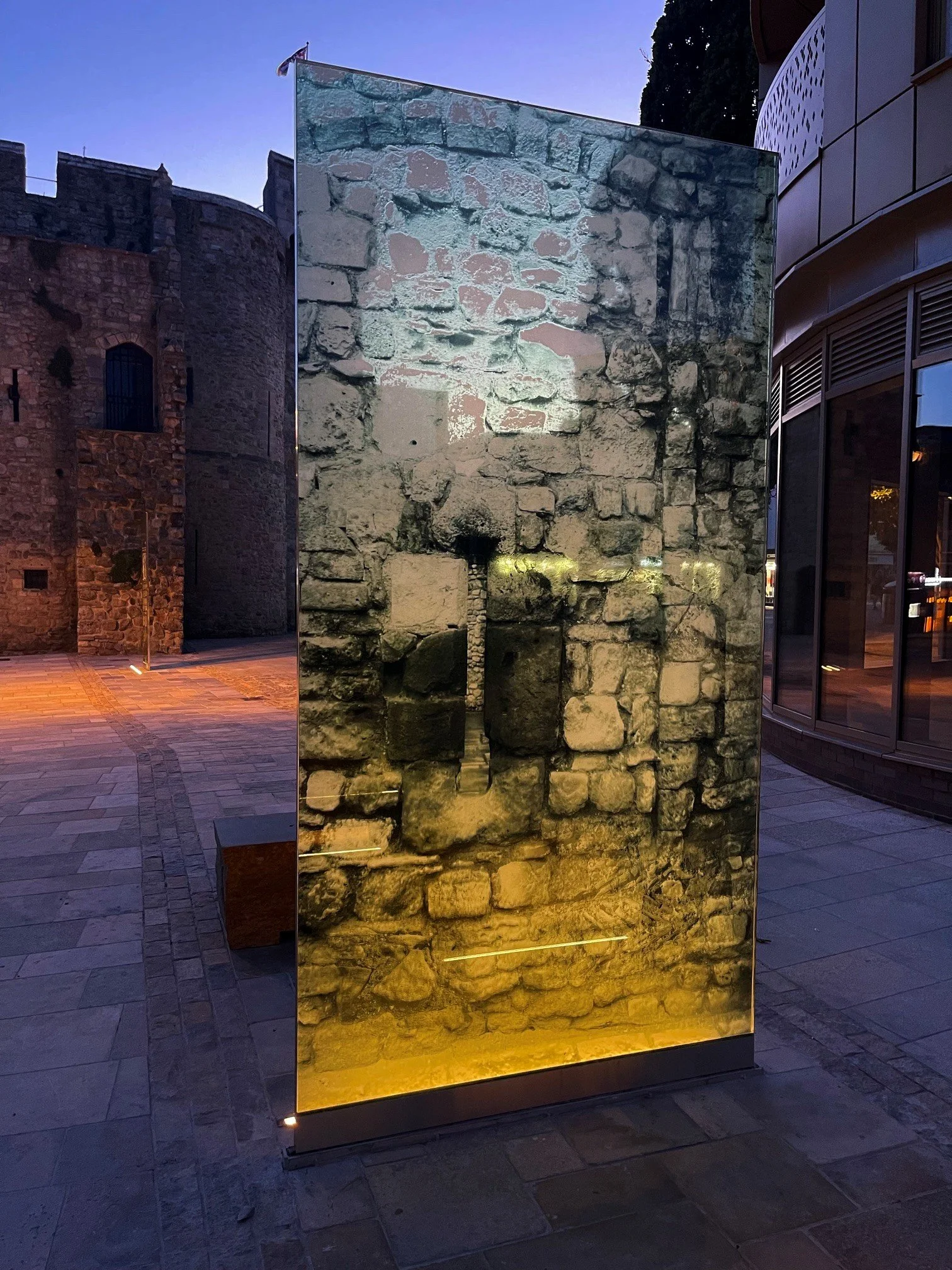 Backlit illuminated etched screen printed panel at Bargate, Southampton