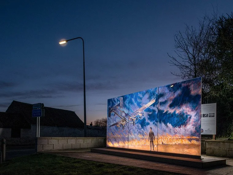 Carnaby Airfield Memorial by Stephen Carvill. The glass was treated with a special ceramic coating to light up at night