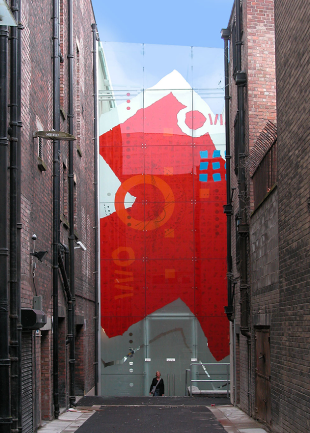 The decorative glass wall has been decorated with silk screen and hand painted enamels. Total size 6m x 15m.