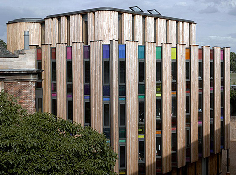 Emmanuel College Library, Cambridge designed by Kilburn Nightingale Architects. 76 panels in all, half opaque, half transparent screen printed enamels.