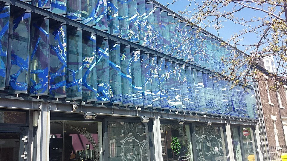 Screen printed enamelled louvres on the south facade of The Pace, Sunniside, Sunderland.