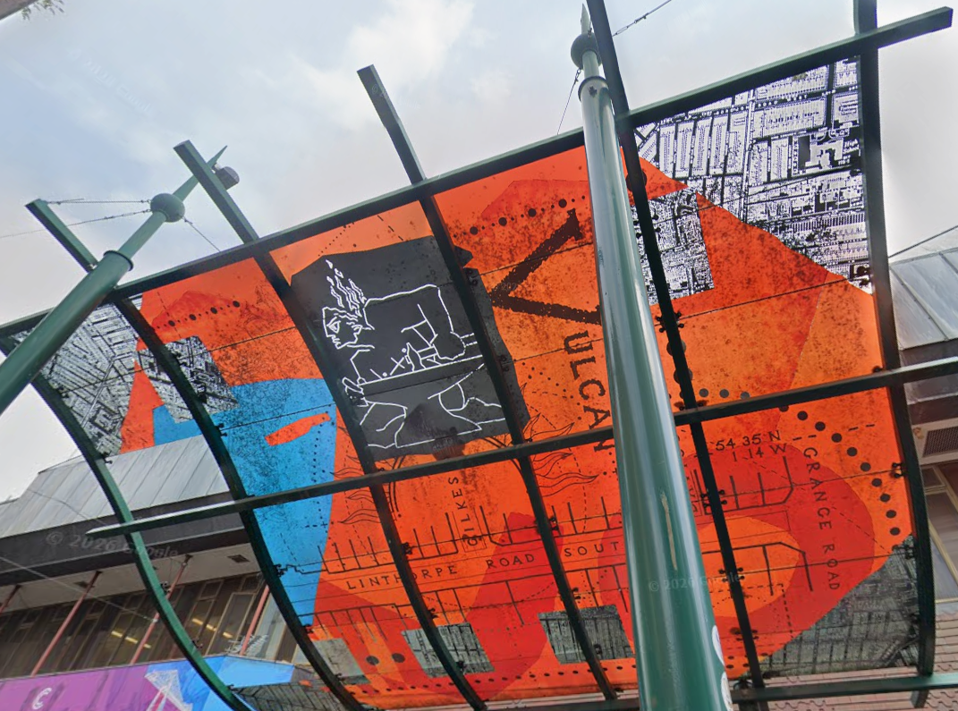 Screen printed stained glass curved canopy designed by Martin Donlin