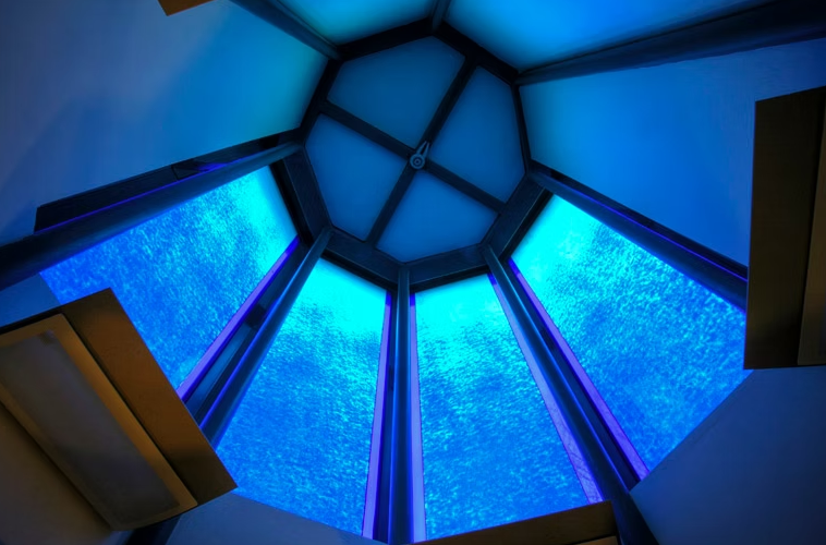 Trinity Church lantern made up of coloured decorative glass panels with screen printed and acid etched design