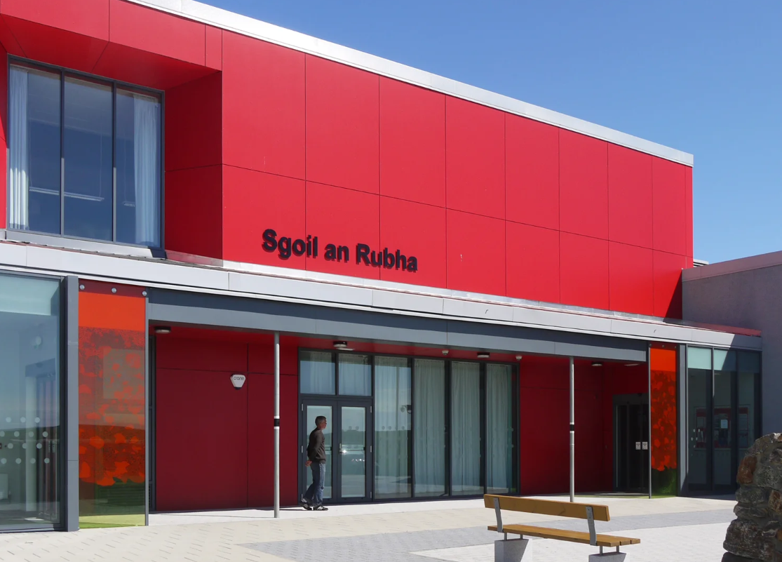 Sasha Ward Point Primary School, Isle of Lewis main entrance glass screen for protection from the wind.