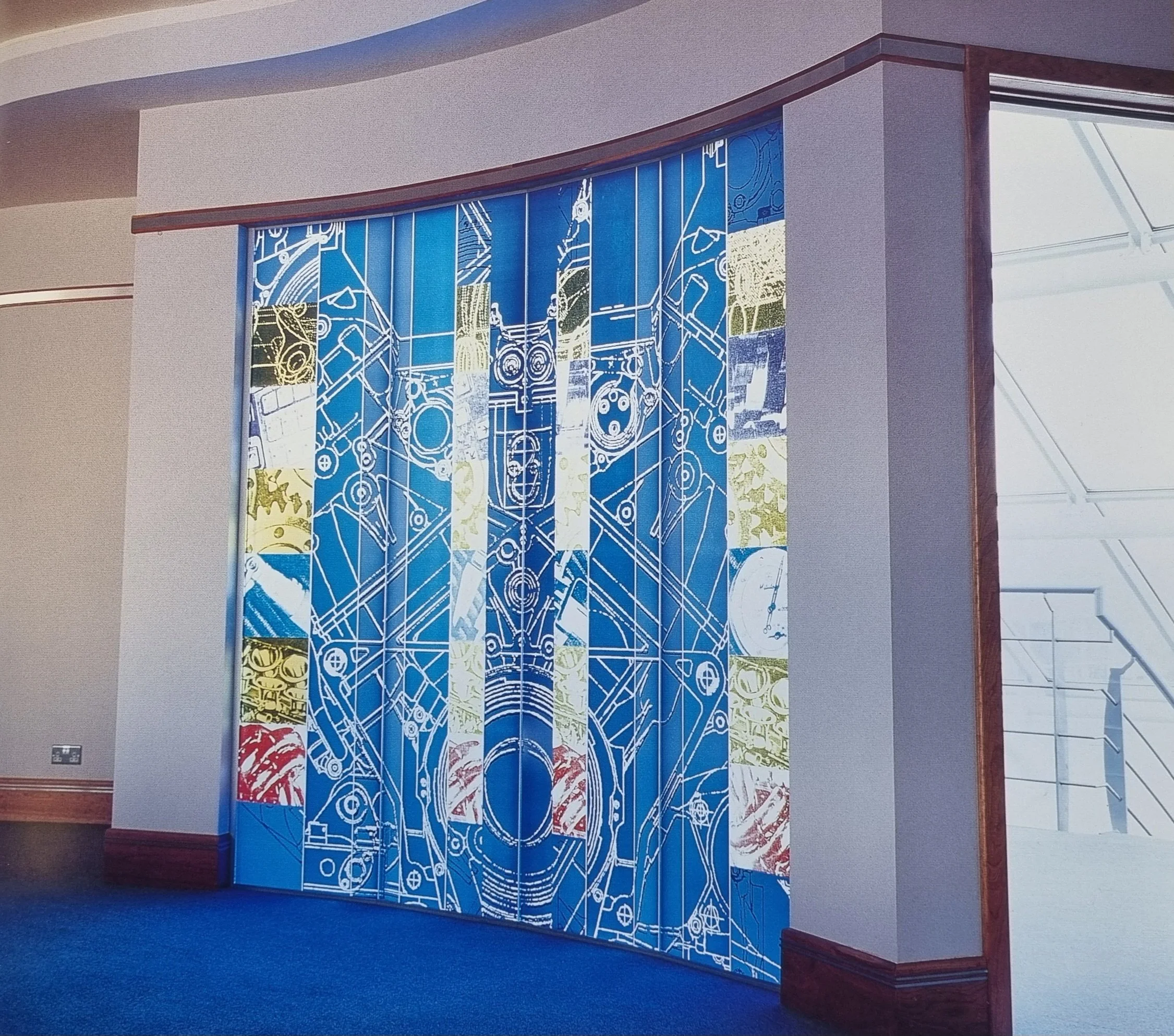 Boardroom screen at Ilmor Engineering, designed by Catrin Jones and printed in ceramic enamels 