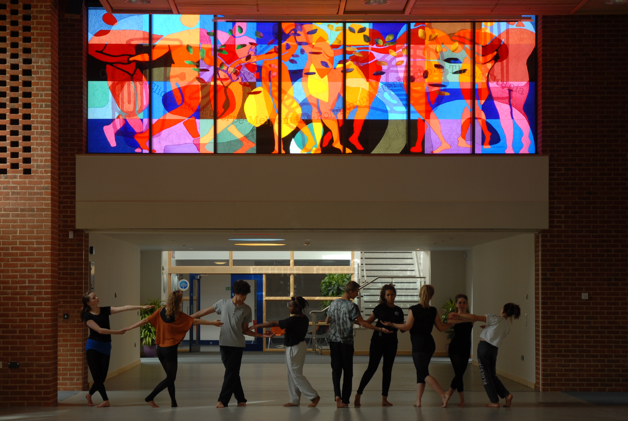 The Great Hall,  Coleridge Community College featuring Martin Donlin's design with transparent and opaque enamels.