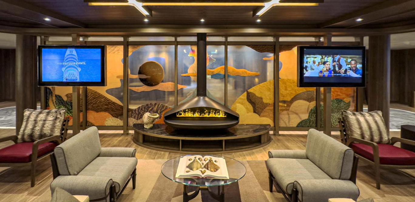Digitally printed glass backdrop for The Glass Foundry's collage "Amazonia" onbaord the Seabourn Pursuit cruise liner