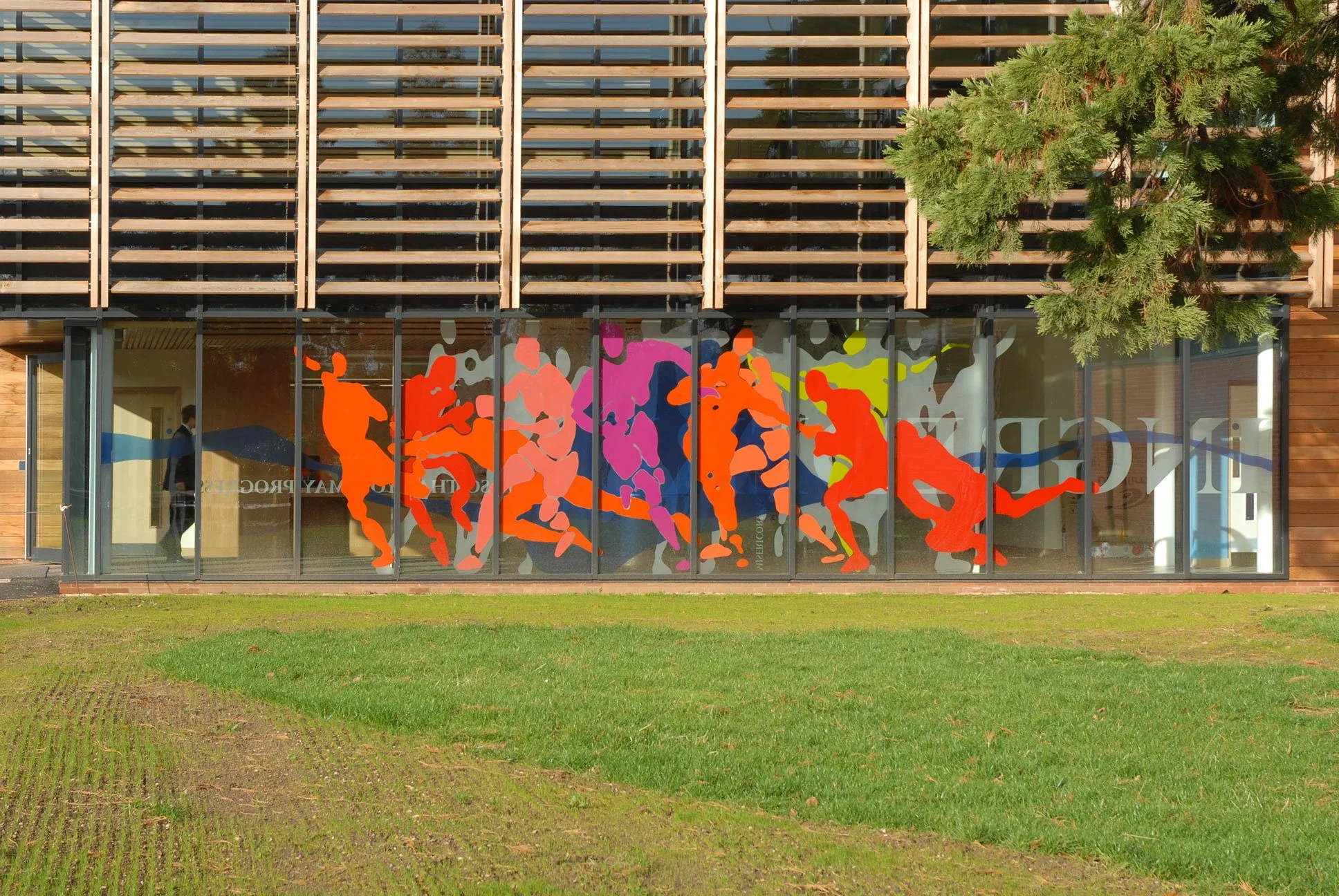 ngdon School Sports Complex – Oxford. Enamelled glass wall screen printed opaque ceramic frit.