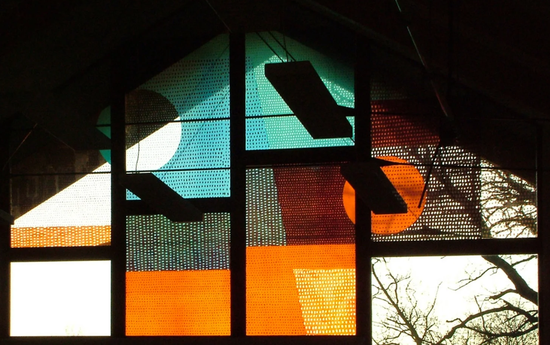 Longparish School, window in new extension screen printed ceramic frit design by Sasha Ward.