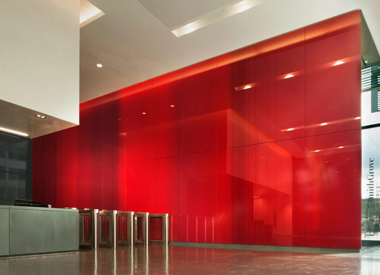 12 Hammersmith Grove, London is the second of two prime office buildings designed by Flanagan Lawrence. For the foyer, Kate Maestri, the glass artist, was commissioned to develop three wall pieces in opaque screen printed enamels.