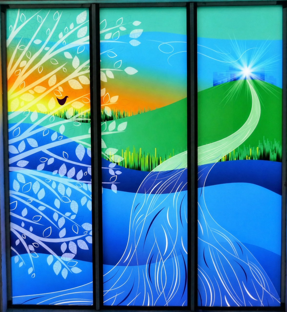 Screen printed opaque enamels at St Thomas Centre Lancaster designed by Sarah Galloway.