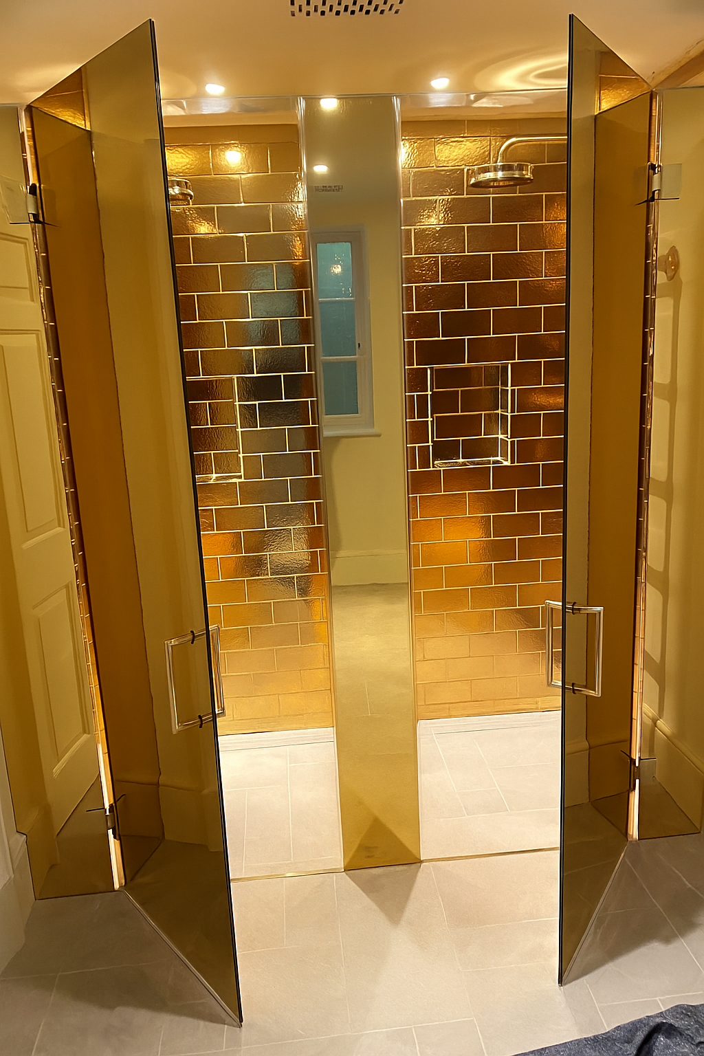 Modern glass shower room guilded in gold