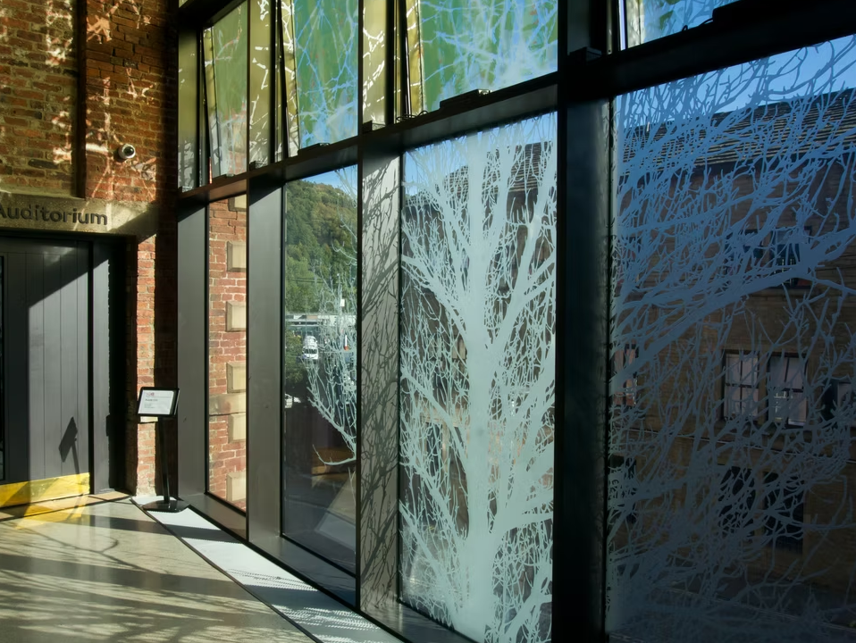 Square Chapel Arts Centre feature art glass facade digitally printed with deep sandblasting