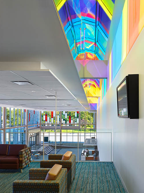 Large-scale skylight printed glass with transparent enamels.