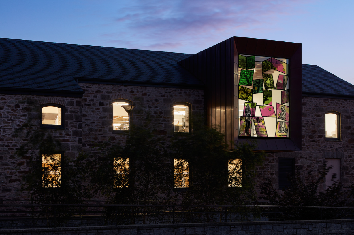 Abigail Reynold's galvanised steel with graphite and wax finish, 6mm artista screen printed glass with kelp glass roundels.