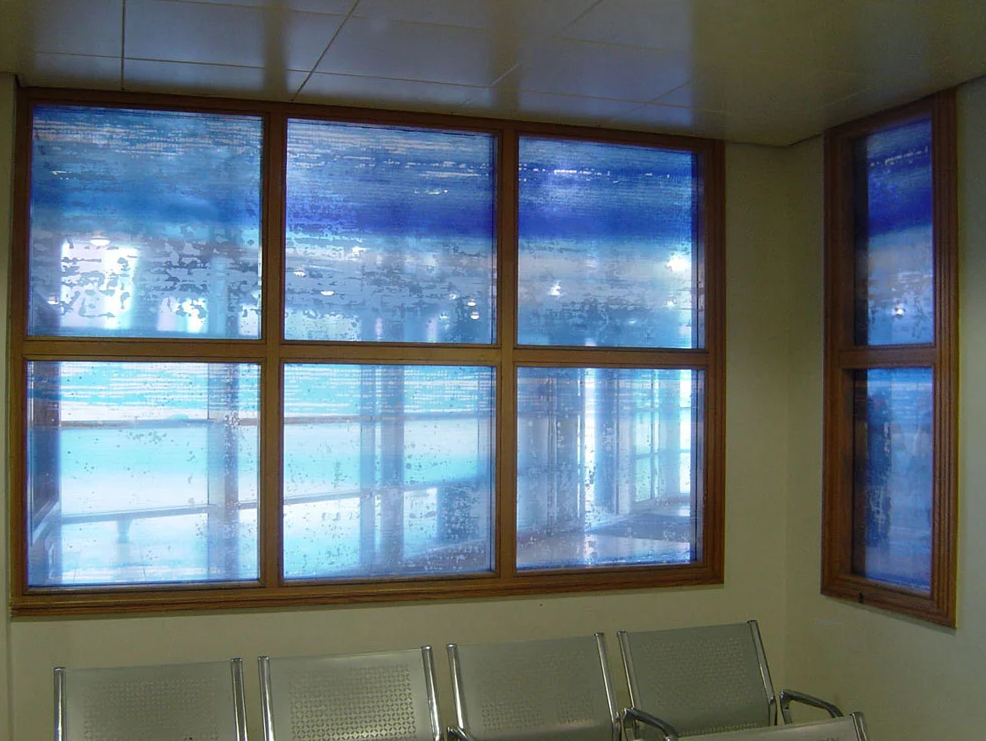 Screen printed transparent enamels at a hospital A&E department.