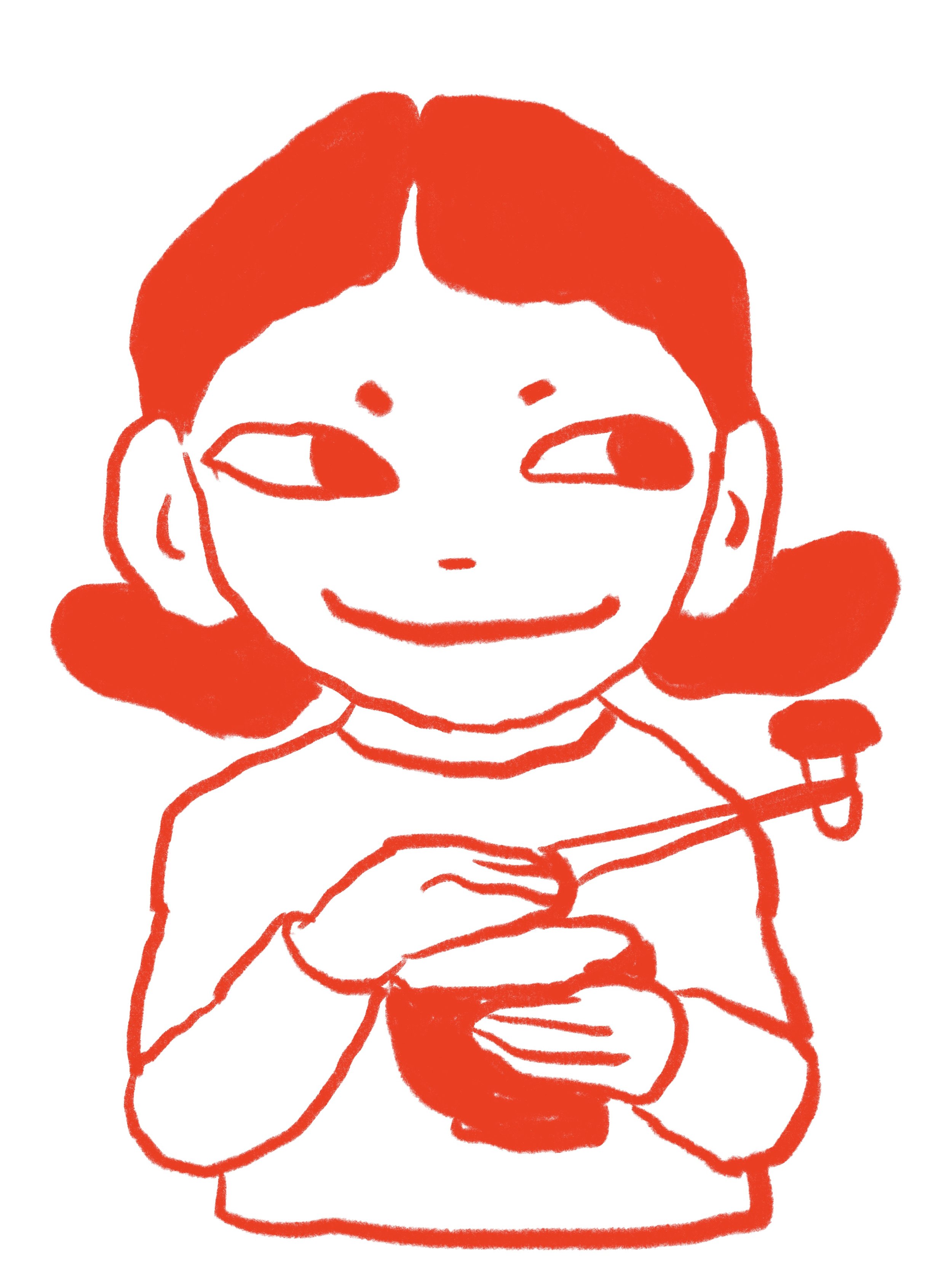 Second illustration of Gudrun, made during a long car drive, somewhere along the express road near Kumamoto. Gudrun eats her morning miso soup, thieving your last shiitake mushroom.