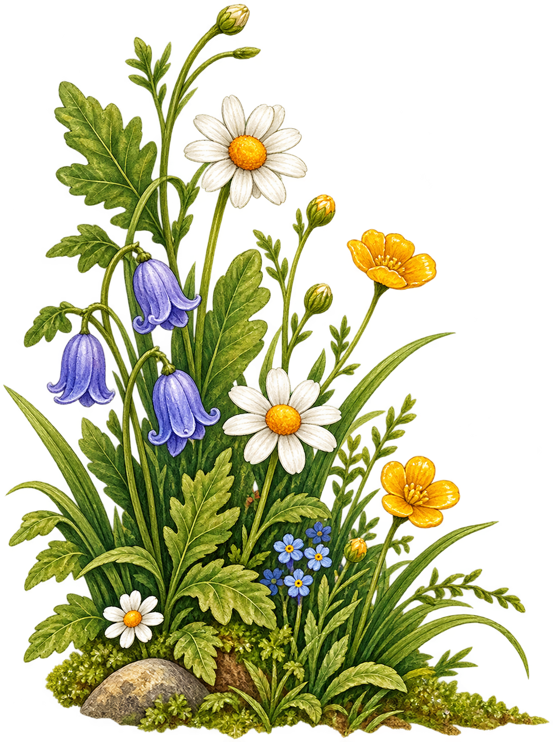 A colorful illustration of various wildflowers including daisies, bellflowers, buttercups, and forget-me-nots, growing among rocks and green foliage.