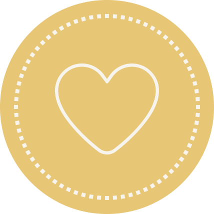A gold circular background with a white heart outline in the center and white dotted border.