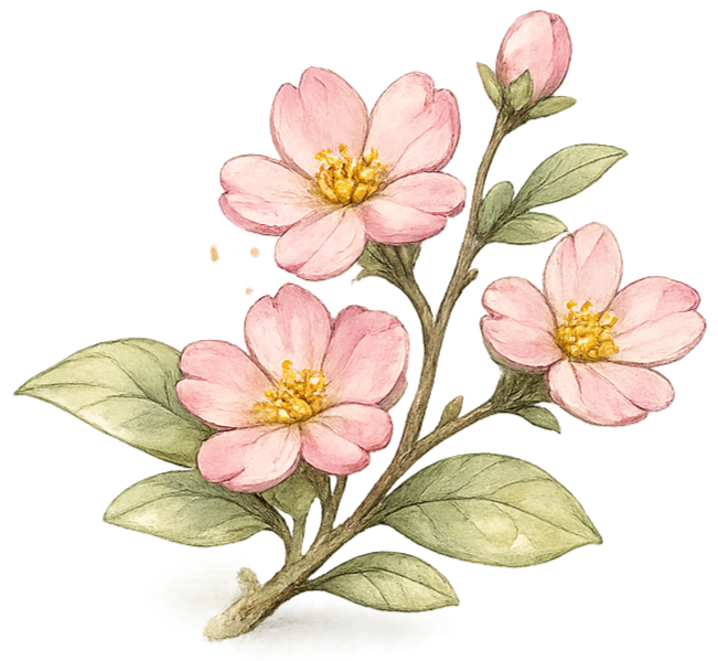 Watercolor illustration of a branch with pink flowers and green leaves
