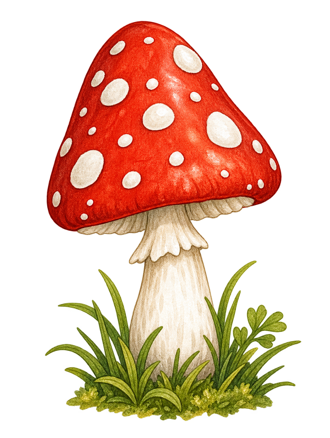Illustration of a red mushroom with white spots, surrounded by green grass and foliage.