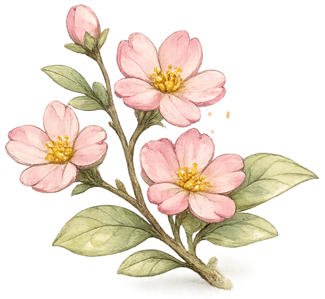 Watercolor illustration of pink flowers with yellow centers on a branch with green leaves.