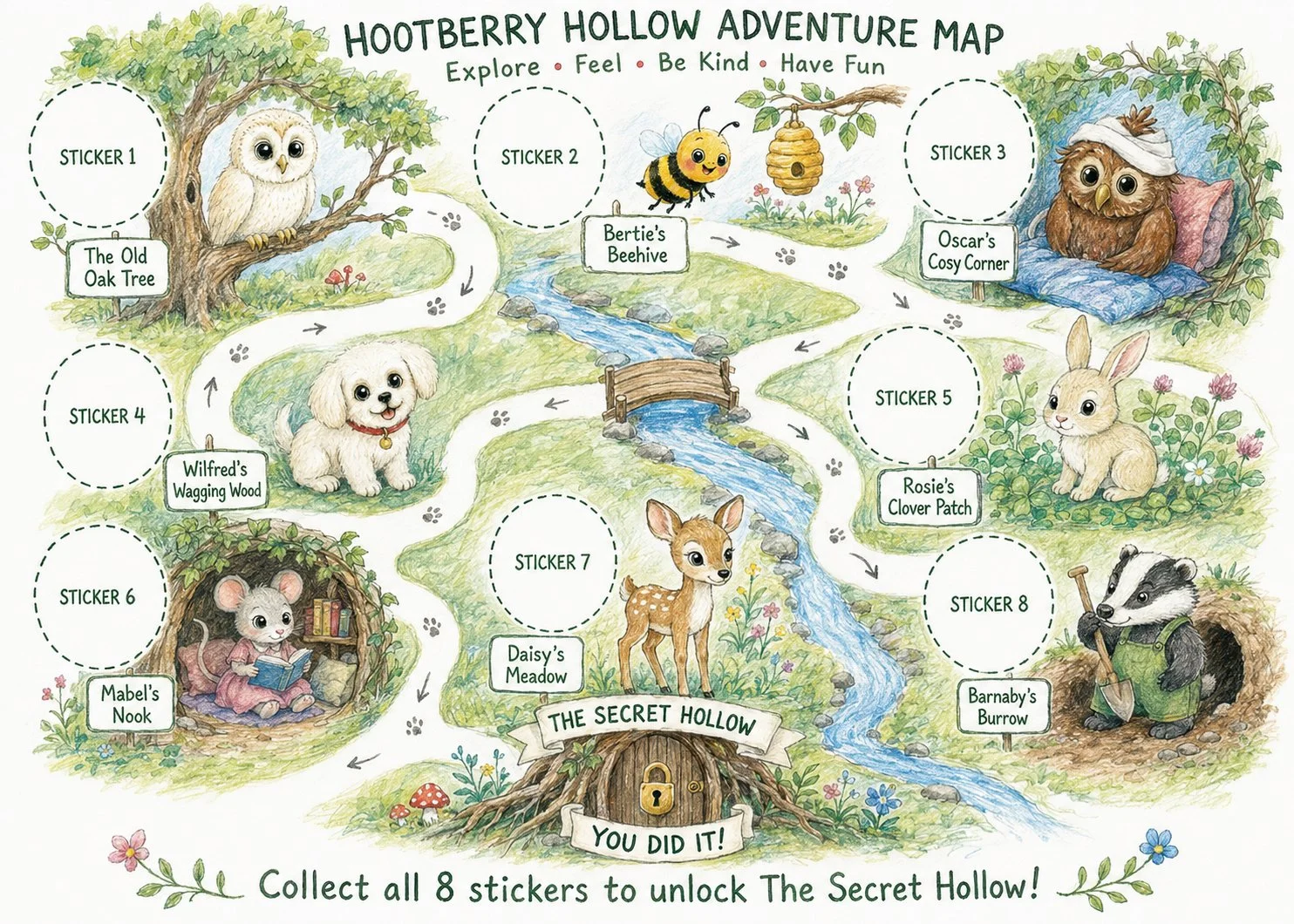 A colorful adventure map of Hootberry Hollow with labeled locations: The Old Oak Tree, Bertie's Beehive, Oscar's Cosy Corner, Wilfred's Wagging Wood, Rosie's Clover Patch, Mabel's Nook, Daisy's Meadow, Barnaby's Burrow, and a central gate labeled The Secret Hollow with a lock and the message 'You Did It!' The map features animals such as an owl, a bee, a rabbit, a dog, a mouse, a deer, and a badger, among green trees, a stream, flowers, and a bridge.