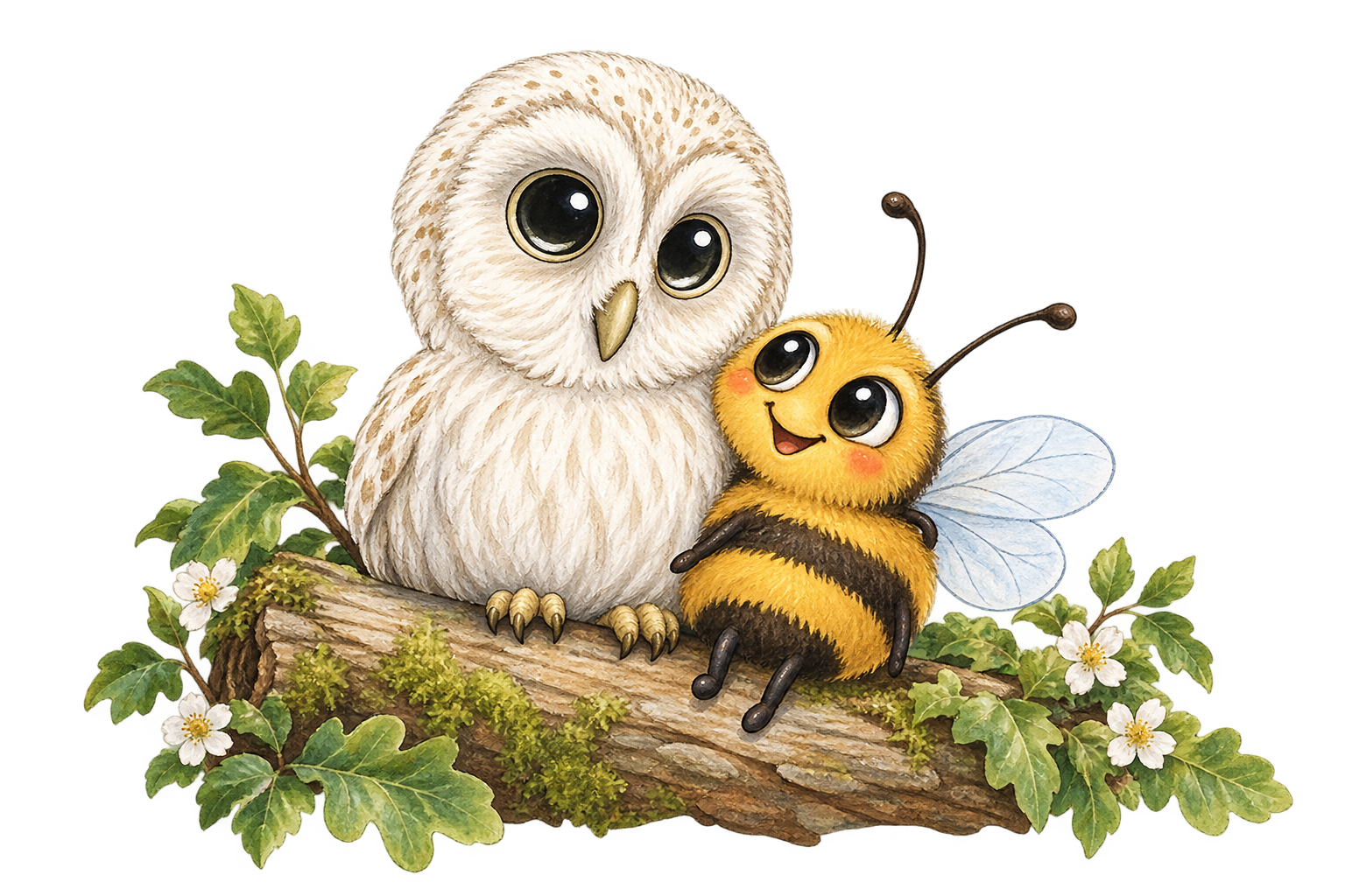 Cute animated owl and bee sitting together on a tree branch surrounded by green leaves and small white flowers.