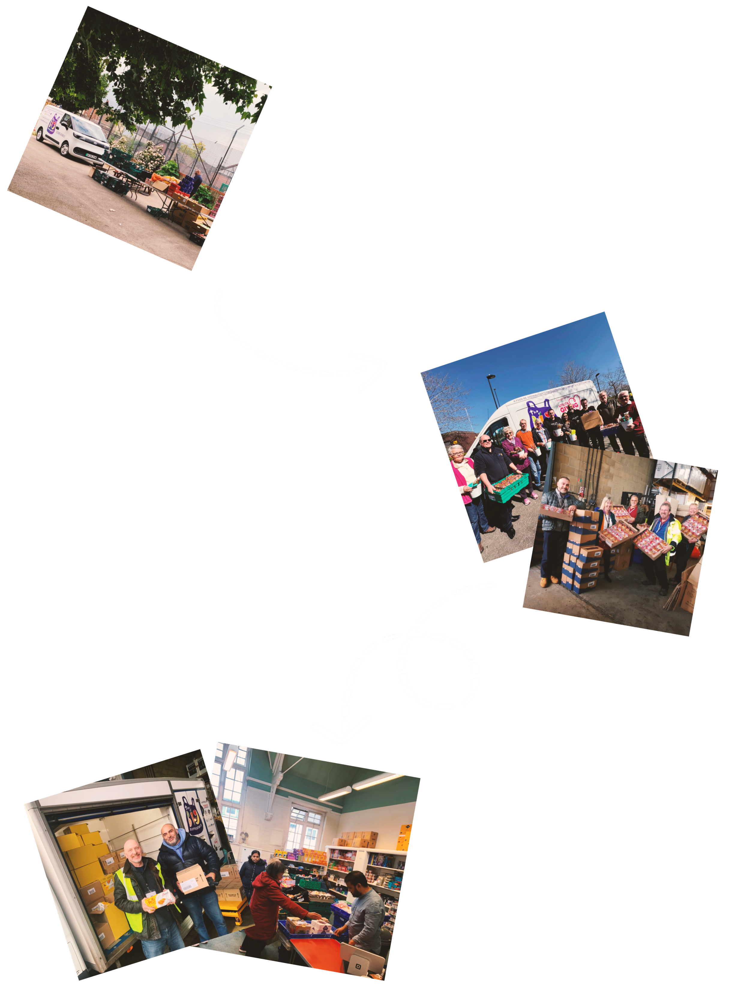 A group of people volunteering at a community food distribution event, packing and handing out boxes of food inside a warehouse.