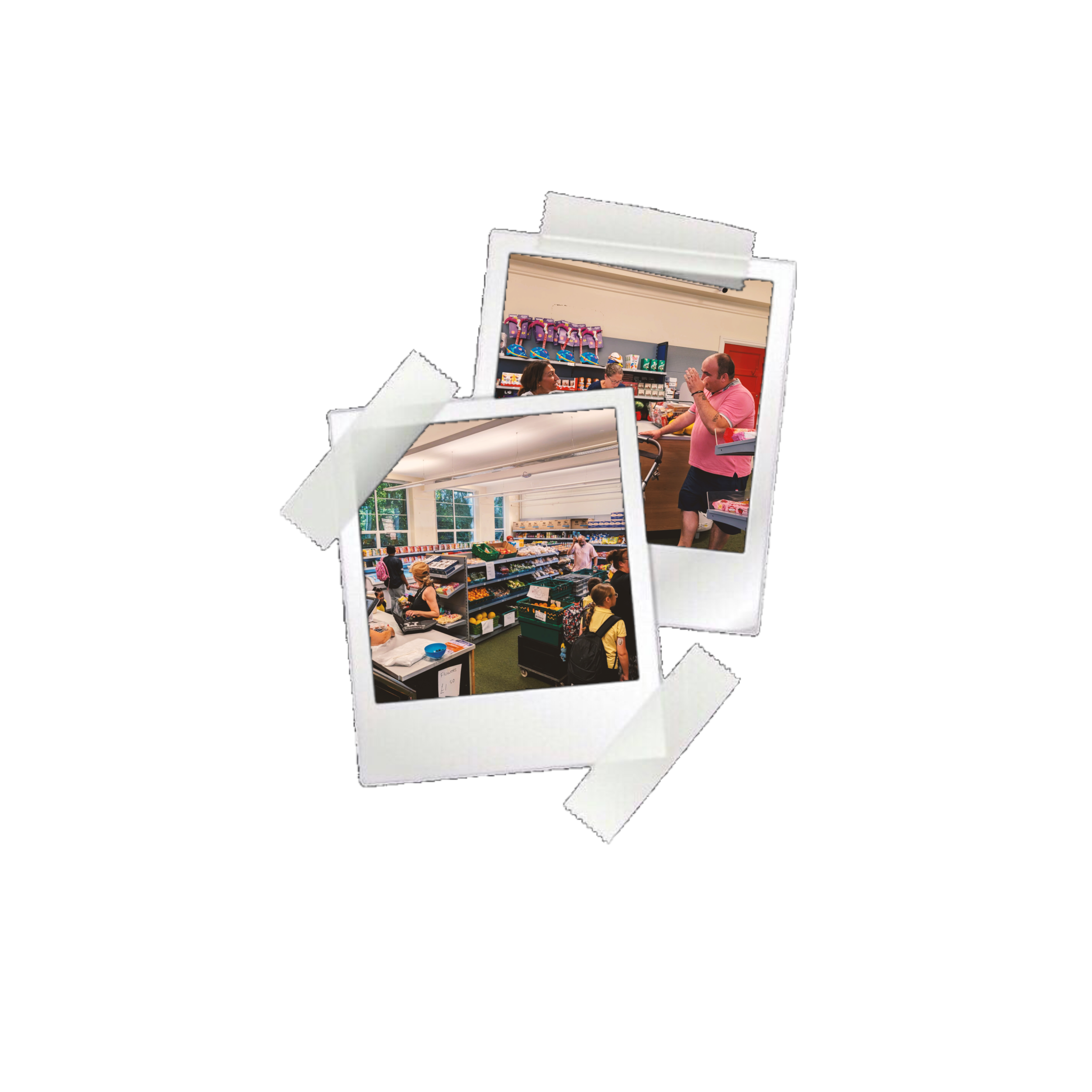 Four overlapping photo frames showing scenes from a grocery store and checkout area with customers and employees.