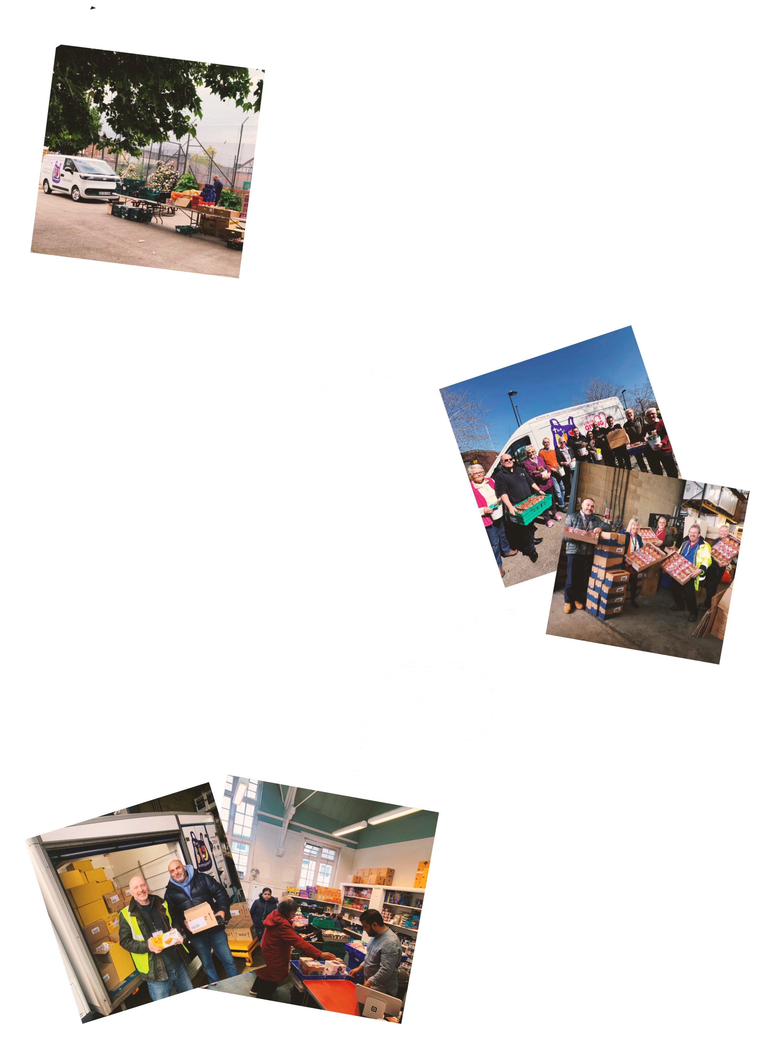 People volunteering at a food bank, distributing and packing food items with shelves of supplies and a truck in the background.