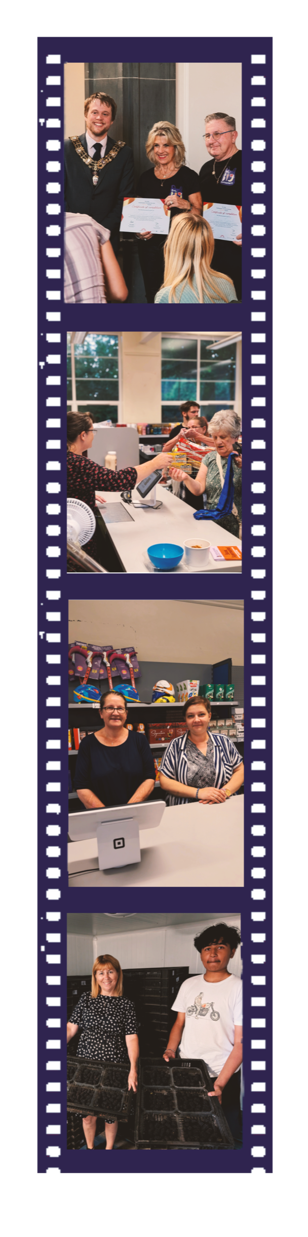 A collage of four photographs showing different community activities. The first photo shows three people receiving awards or certificates in a ceremony. The second photo depicts a group of people in an indoor setting, some exchanging gifts or items at a table. The third photo features two women behind a counter in a store with toys and products displayed behind them. The fourth photo shows two individuals, one holding trays filled with seedlings or small plants, in a setting that appears to be a garden center or plant sale.