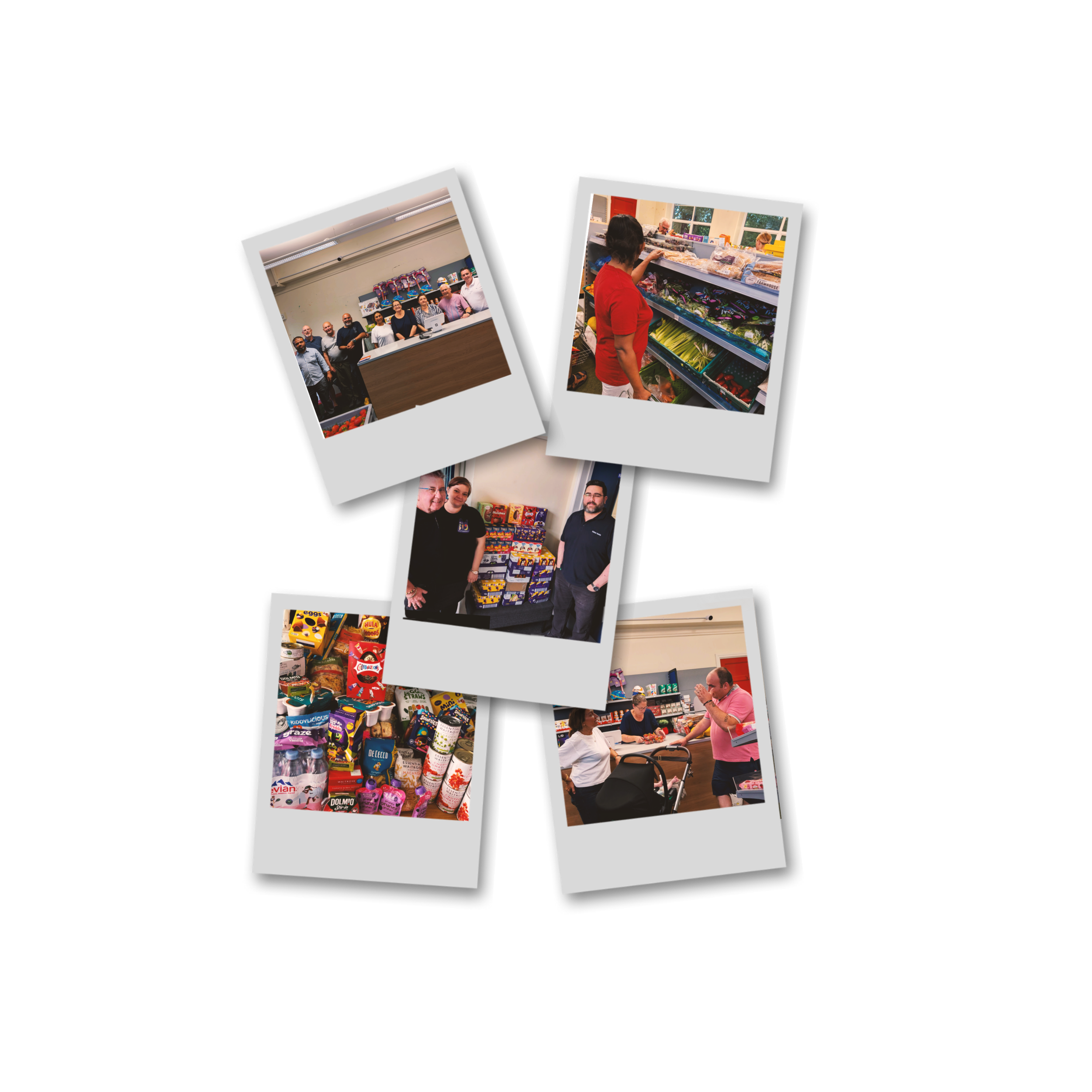 Photos of people shopping at a grocery store, with images showing a group of employees at a checkout counter, a woman browsing produce, shelves stocked with snack foods, and customers at checkout counters.