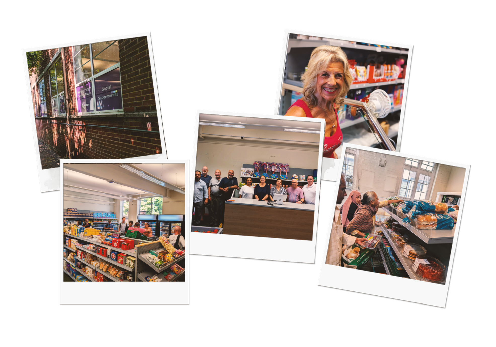 Collage of five photos showing a supermarket exterior, smiling woman shopping in aisle, store interior with shelves of products, a group of staff in the checkout area, and diverse customers shopping for food.