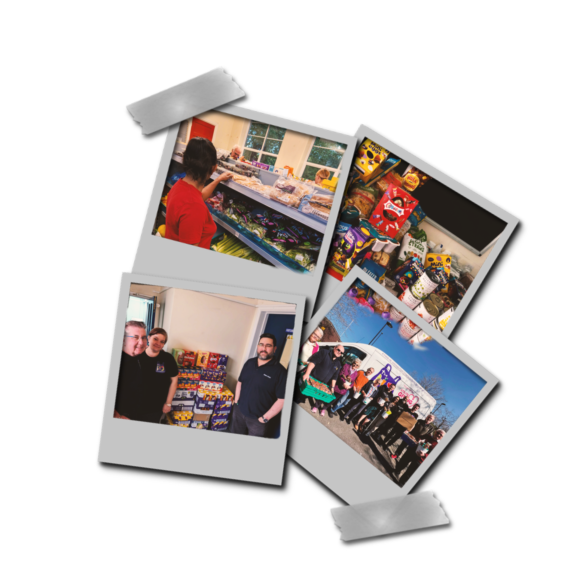 Collage of photos including people shopping at a grocery store, group of people standing outside, and close-up of snack foods.