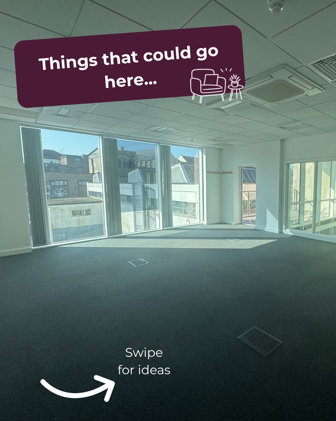 Things that could go here&hellip; 

A desk? Definitely.
 A team? Absolutely.
 A coffee station? Essential. ☕
 An unnecessarily large office plant? We&rsquo;d encourage it. 🪴😂

But most importantly&hellip; your business could go here. 

We have work