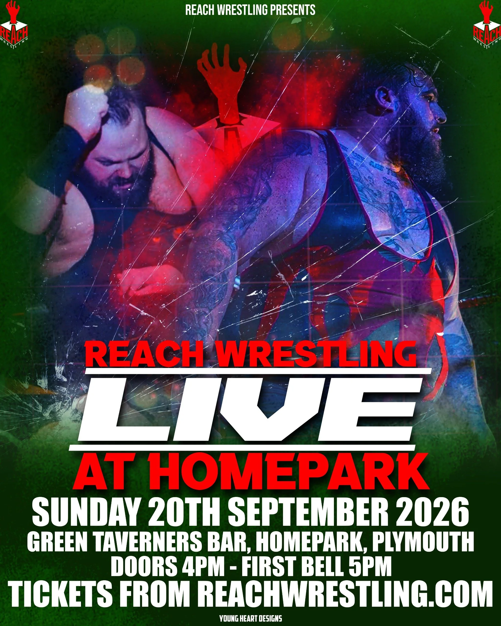 Poster for Reach Wrestling event at Homepark on September 20, 2026, featuring two wrestlers, a red heart with a raised hand emerging from a box, and event details in bold text.