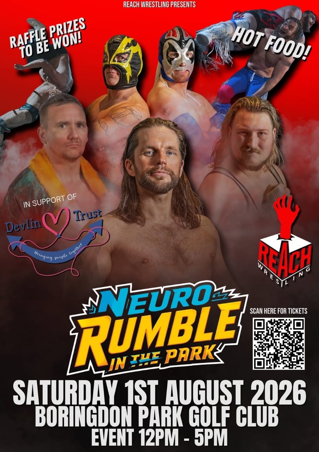 Promotional poster for the wrestling event Neuro Rumble in the Park, featuring images of wrestlers, event details, and sponsor logos. The event is scheduled for Saturday, August 1, 2026, at Boringdon Park Golf Club from 12 PM to 5 PM, with raffle prizes, hot food, and ticket information.