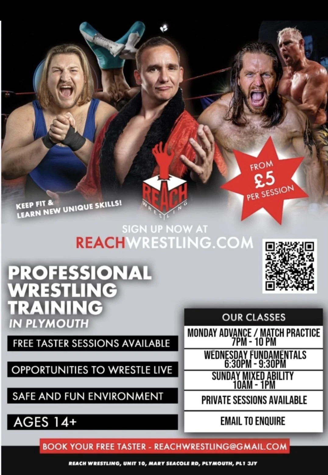 Promotional flyer for REACH Wrestling, featuring images of wrestlers in various poses, with details about professional wrestling training classes in Plymouth, prices starting at £5 per session, class schedules, and contact information.