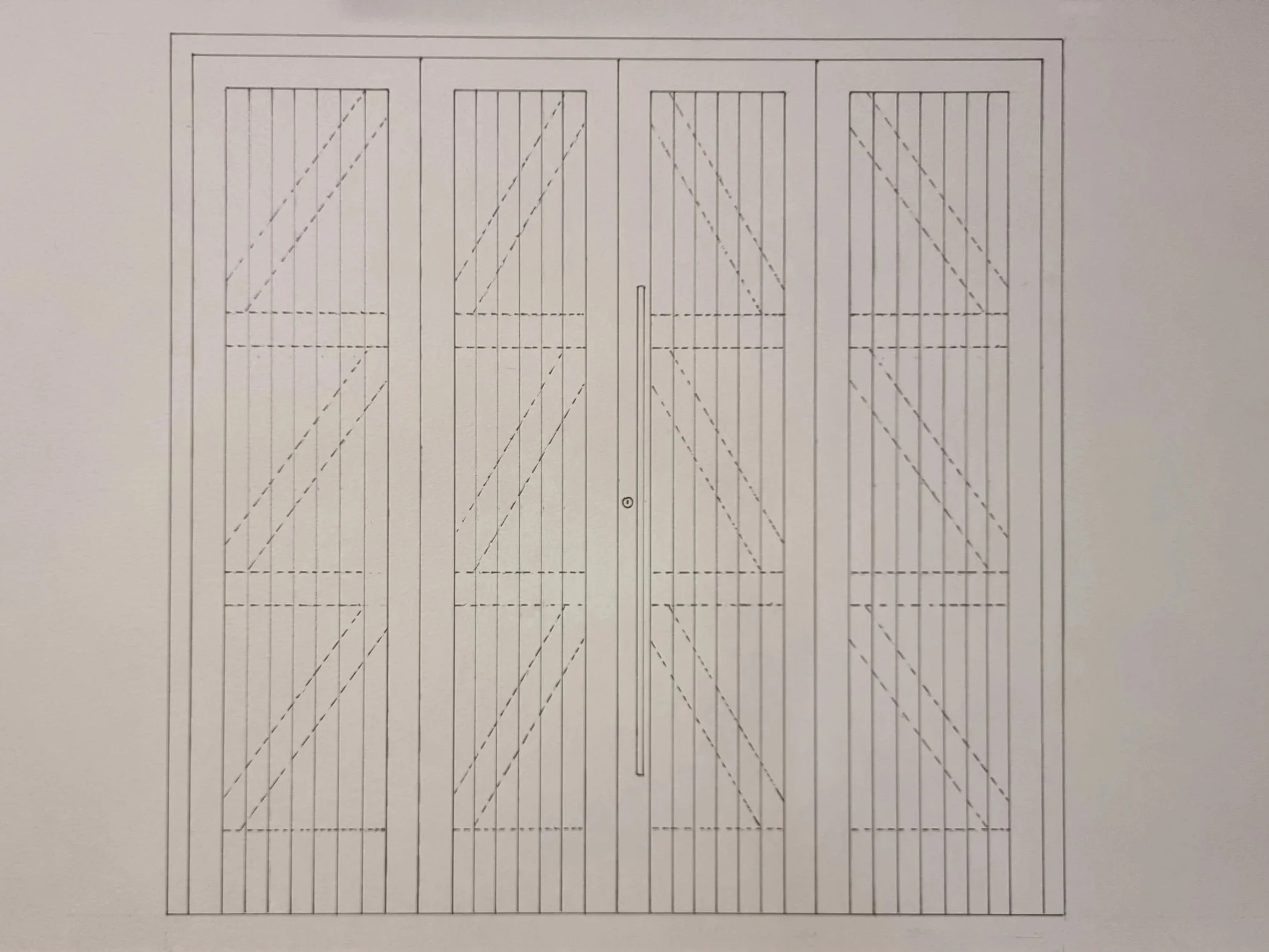 Line drawing of a double door with vertical panels and diagonal and horizontal support lines, with a central handle.