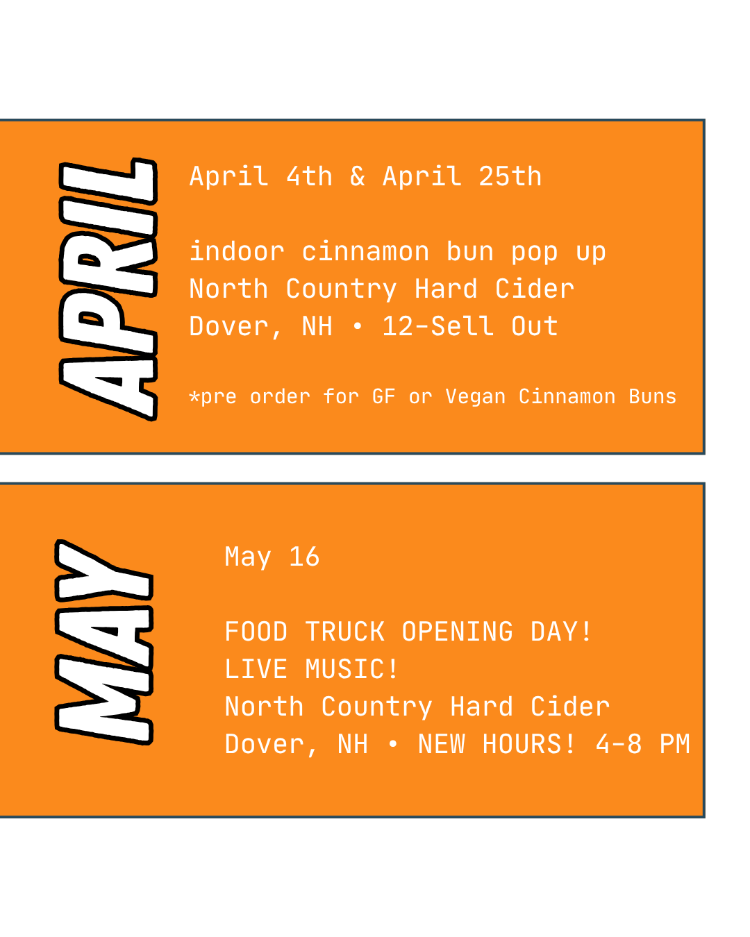 April 4th at North Country Hard Cider in Dover NH 12-4
April 25th at North Country Hard Cider in Dover NH 12-4
May 16 North Country Hard Cider in Dover NH, Food truck opening day and LIVE MUSIC 4-8 pm