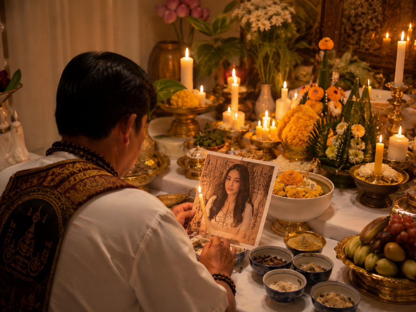 A cultivated master performing a Charm Ritual while holding a photo