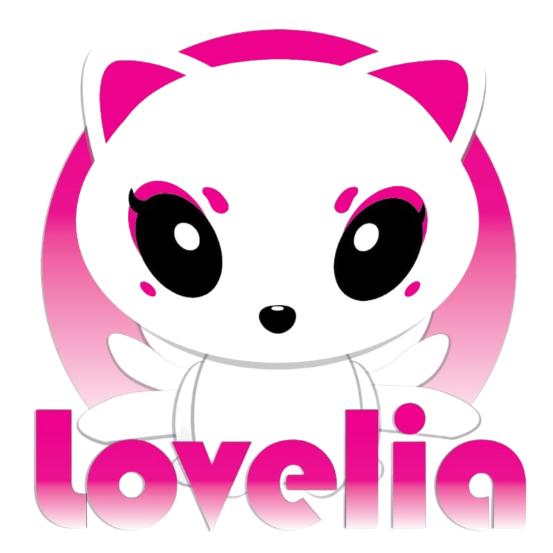 Cute cartoon cat with large eyes and pink accents, sitting with a background of pink and white gradient circle, with the word 'Lovelia' in bold pink letters at the bottom.