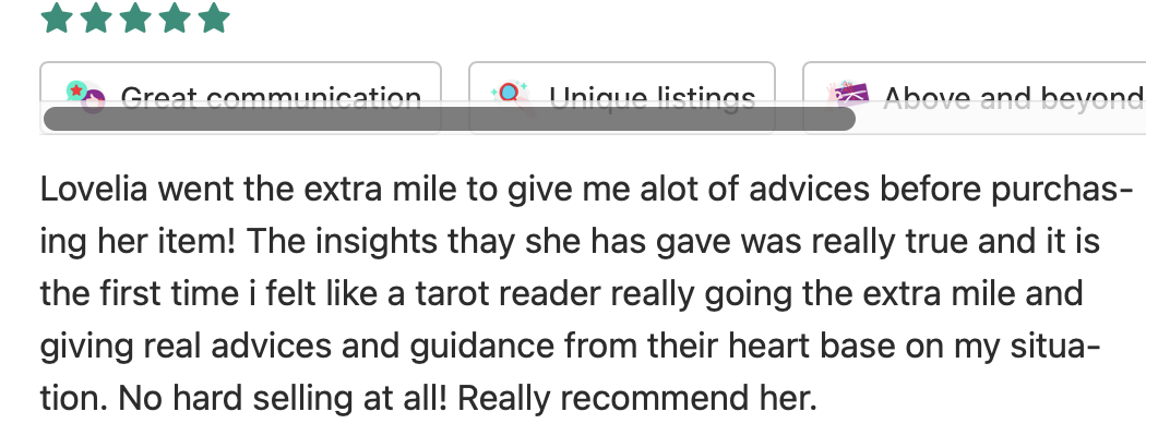 A screenshot of customer review text praising a seller named Lovelia for her honest advice and guidance.