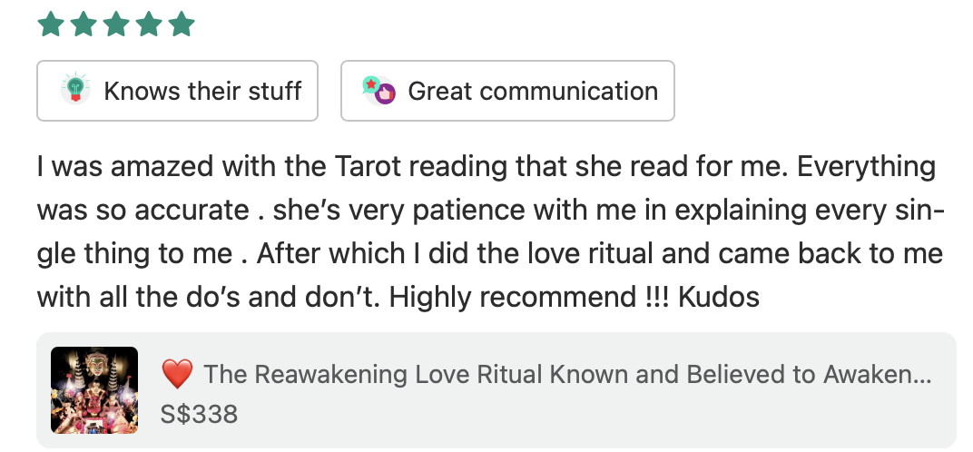 Customer review with 5 stars and icons indicating knowledge and communication. The review praises a Tarot reading for its accuracy, patience, and love ritual, highly recommending the service.