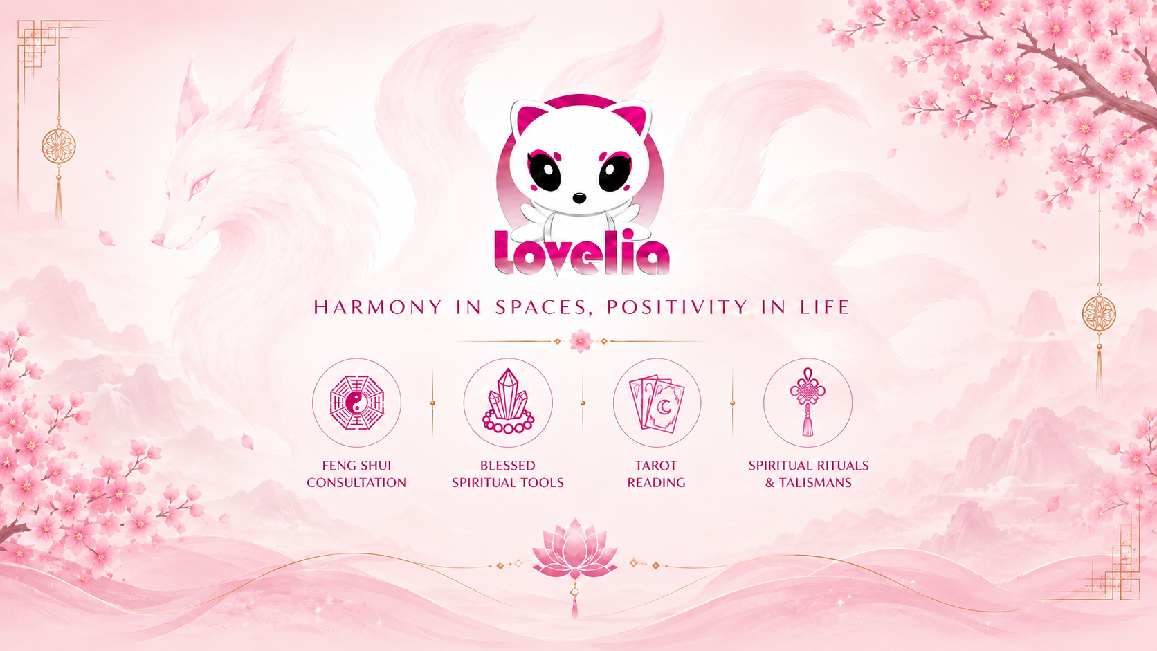 Pink promotional banner for Lovelia features a cute inspired Nine Tail Fox logo,  with pink background.