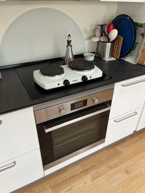 The photo shows a induction stove and on top of that, an old fashion stove use for camping where tactile burners are easy to find