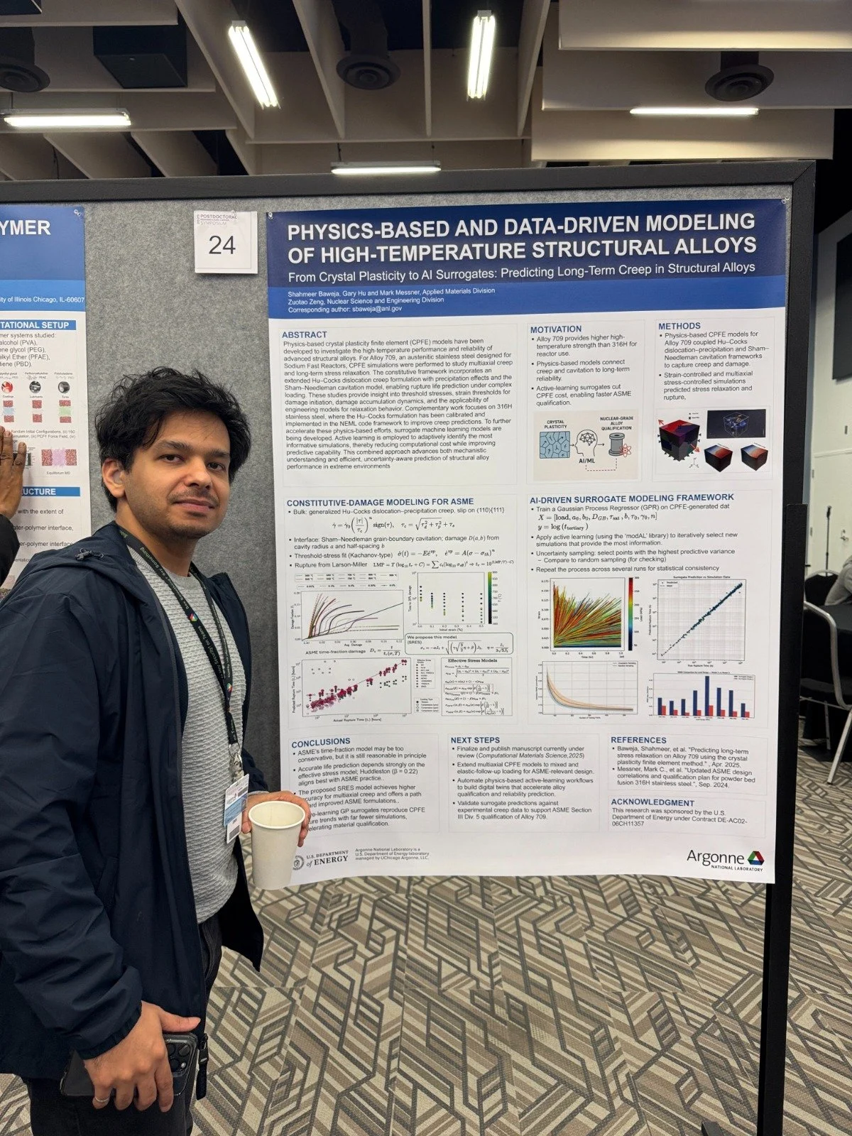 Shahmeer poses in front of a research poster titled “Physics-Based and Data-Driven Modeling of High-Temperature Structural Alloys.”